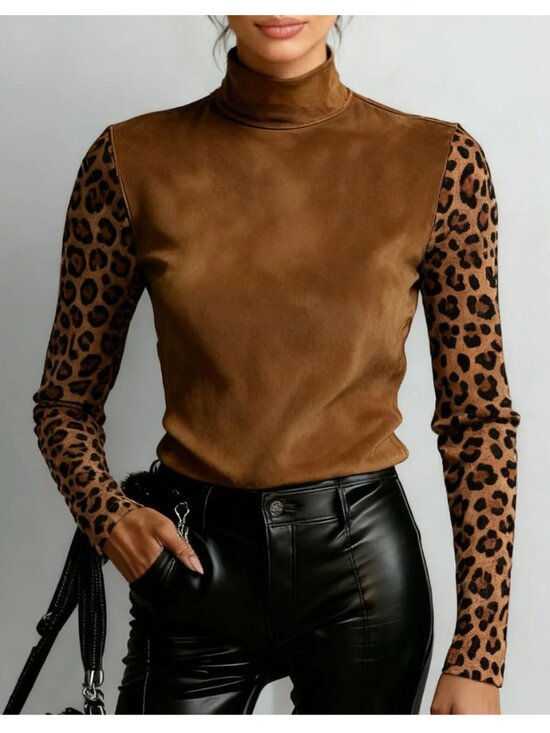 Attrime Tops - Women's Brown Suede High Collar Leopard Print Patchwork Long Sleeve Blouse